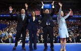 From left: US Second Gentleman Doug Emhoff, Democratic presidential candidate, US Vice President Kamala Harris, Democratic vice presidential candidate Minnesota Governor Tim Walz and his wife Gwen Walz greet supporters during a campaign rally at Girard College on August 6, 2024, in Philadelphia, Pennsylvania. (Andrew Harnik / Getty Images via AFP)