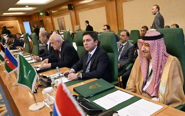 (R to L) Deputy Foreign Ministers of Saudi Arabia Waleed Al-Khuraiji and Azerbaijan Yalchin Rafiyev, Palestinian Ambassador to the United Nations Riyad Mansour and Jordanian Foreign Minster Ayman Safadi, attend the Organisation of Islamic Cooperation (OIC) meeting in Jeddah on August 7, 2024. (Amer HILABI / AFP) (R to L) Deputy Foreign Ministers of Saudi Arabia Waleed Al-Khuraiji and Azerbaijan Yalchin Rafiyev, Palestinian Ambassador to the United Nations Riyad Mansour and Jordanian Foreign Minster Ayman Safadi, attend the Organisation of Islamic Cooperation (OIC) meeting in Jeddah on August 7, 2024. (Amer HILABI / AFP)