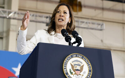 US Vice President and Democratic presidential candidate Kamala Harris speaks during a campaign rally at Detroit Metropolitan Airport in Romulus, Michigan, August 7, 2024. (Jeff Kowalsky / AFP)