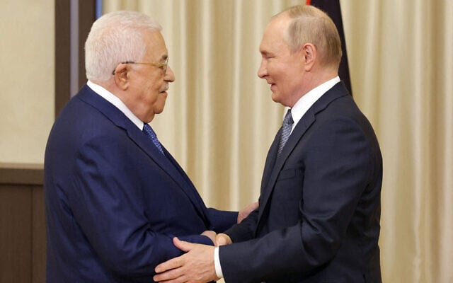 This handout photo shows Russian President Vladimir Putin (R) receiving Palestinian Authority President Mahmoud Abbas in Moscow, August 13, 2024. (Thaer Ghanaim/PPO/AFP) This handout photo shows Russian President Vladimir Putin (R) receiving Palestinian Authority President Mahmoud Abbas in Moscow, August 13, 2024. (Thaer Ghanaim/PPO/AFP)