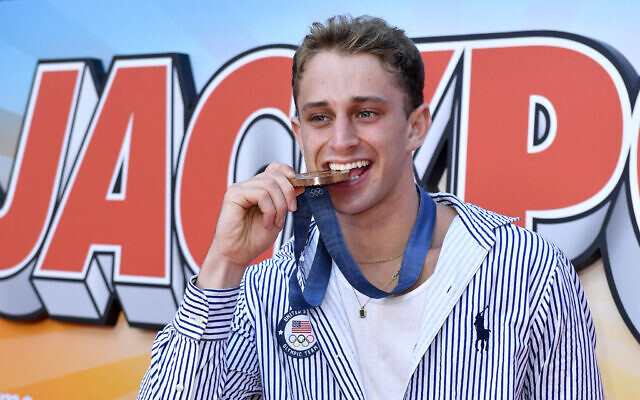 2024 US Olympic fencer bronze medalist Nick Itkin attends the Los Angeles premiere of Amazon MGM Studios' 'Jackpot!' at TCL Chinese Theatre in Hollywood, California, on August 13, 2024. (Valerie Macon / AFP)