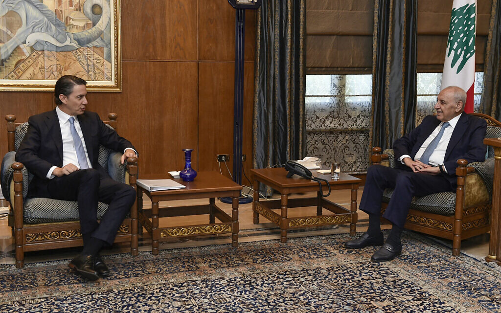 Lebanese Parliament Speaker and Hezbollah ally Nabih Berri (R) meets with US special envoy Amos Hochstein in Beirut on August 14, 2024, amid regional tensions during the ongoing war between Israel and the Hamas terror group in the Gaza Strip. (Photo by AFP)
