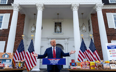 Republican presidential candidate and former US president Donald Trump holds a news conference outside the Trump National Golf Club Bedminster on August 15, 2024 in Bedminster, New Jersey. (Adam Gray/Getty Images North America/Getty Images via AFP)