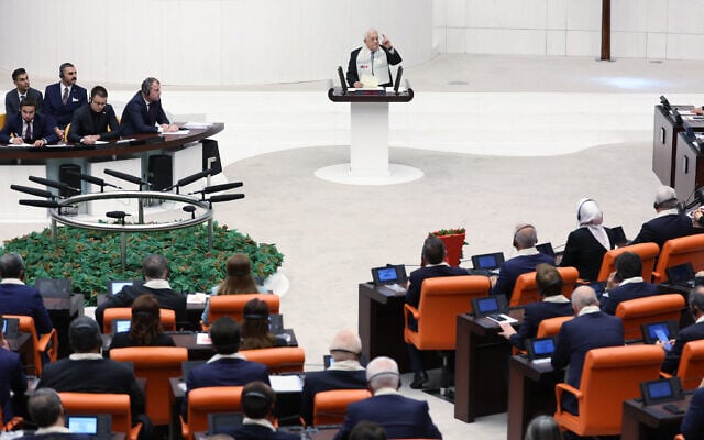 Palestinian Authority President Mahmoud Abbas delivers a speech at Grand National Assembly of Turkey in Ankara on August 15, 2024. (Photo by Turkish Presidental Press Service / AFP)