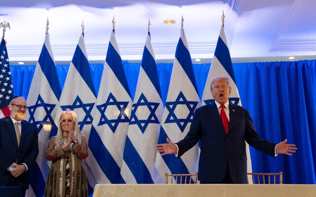Republican presidential candidate and former US president Donald Trump holds an event on fighting antisemitism with Miriam Adelson and Rabbi Yehuda Kaploun, at the Trump National Golf Club Bedminster on August 15, 2024, in Bedminster, New Jersey. (Adam Gray/Getty Images/AFP) Republican presidential candidate and former US president Donald Trump holds an event on fighting antisemitism with Miriam Adelson and Rabbi Yehuda Kaploun, at the Trump National Golf Club Bedminster on August 15, 2024, in Bedminster, New Jersey. (Adam Gray/Getty Images/AFP)