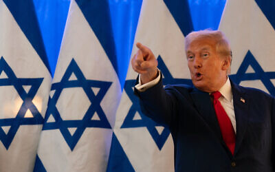 Republican presidential candidate and former US president Donald Trump holds an event on fighting antisemitism with Miriam Adelson, at the Trump National Golf Club Bedminster on August 15, 2024, in Bedminster, New Jersey. (Adam Gray/Getty Images/AFP)