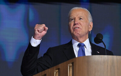 US President Joe Biden speaks on stage on the first day of the Democratic National Convention at the United Center in Chicago, on August 19, 2024. (Robyn Beck/AFP) US President Joe Biden speaks on stage on the first day of the Democratic National Convention at the United Center in Chicago, on August 19, 2024. (Robyn Beck/AFP)