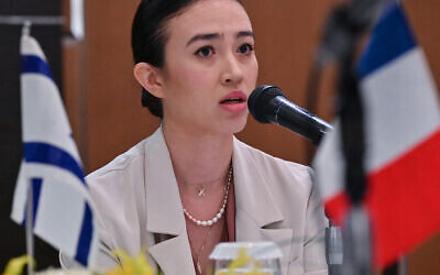 Israeli Noa Argamani, who was abducted with others from the Nova music festival during Hamas's October 7 attack on southern Israel that triggered the war, speaks during a meeting with G7 embassy representatives during a visit to Tokyo on August 21, 2024. (Richard A. Brooks / AFP)