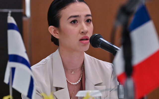 Rescued hostage Noa Argamani, who was abducted with hundreds of others from the Supernova music festival during Hamas's October 7 terror onslaught, speaks during a meeting with G7 embassy representatives during a visit to Tokyo, Japan on August 21, 2024. (Photo by Richard A. Brooks / AFP)