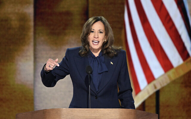 US Vice President and Democratic presidential candidate Kamala Harris speaks on the fourth and last day of the Democratic National Convention (DNC) at the United Center in Chicago, on August 22, 2024. (Mandel Ngan/AFP) US Vice President and Democratic presidential candidate Kamala Harris speaks on the fourth and last day of the Democratic National Convention (DNC) at the United Center in Chicago, on August 22, 2024. (Mandel Ngan/AFP)
