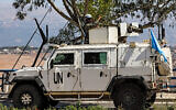 A peacekeeper of the Spanish Contingent in the United Nations Interim Force in Lebanon (UNIFIL) looks on during a patrol along the Jdeideh-Marjayoun highway in southern Lebanon on August 23, 2024. (ANWAR AMRO / AFP)