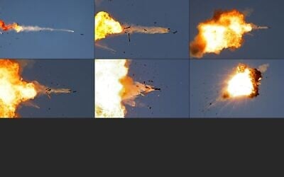 In this combination of pictures created on August 25, 2024, photos taken from a position in northern Israel show Hezbollah UAVs being intercepted by the Israeli air force over northern Israel on August 25, 2024. (Jalaa Marey / AFP)