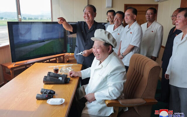 North Korean leader Kim Jong Un (front C) inspects a performance test of drones organized by the Drone Institute of the Academy of Defense Sciences at an undisclosed location in North Korea, August 24, 2024. (KCNA VIA KNS / AFP) North Korean leader Kim Jong Un (front C) inspects a performance test of drones organized by the Drone Institute of the Academy of Defense Sciences at an undisclosed location in North Korea, August 24, 2024. (KCNA VIA KNS / AFP)