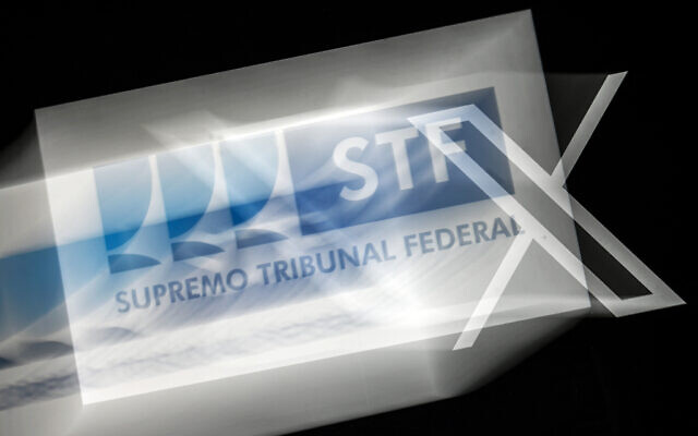 Photo illustration photo taken on August 29, 2024, shows the logos of Brazil's Federal Supreme Court (L) and social media platform X (former Twitter) on a screen in Rio de Janeiro, Brazil. (Mauro Pimentel/AFP) Photo illustration photo taken on August 29, 2024, shows the logos of Brazil's Federal Supreme Court (L) and social media platform X (former Twitter) on a screen in Rio de Janeiro, Brazil. (Mauro Pimentel/AFP)
