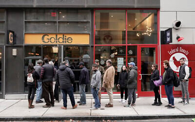 Customers line up for lunch at the Goldie falafel restaurant in Philadelphia, December 4, 2023. A protest against Israel over the Gaza war drew criticism from Pennsylvania Governor Josh Shapiro as being a "blatant act of antisemitism" after protesters gathered at the Jewish restaurant. (AP Photo/Matt Rourke) Customers line up for lunch at the Goldie falafel restaurant in Philadelphia, December 4, 2023. A protest against Israel over the Gaza war drew criticism from Pennsylvania Governor Josh Shapiro as being a "blatant act of antisemitism" after protesters gathered at the Jewish restaurant. (AP Photo/Matt Rourke)