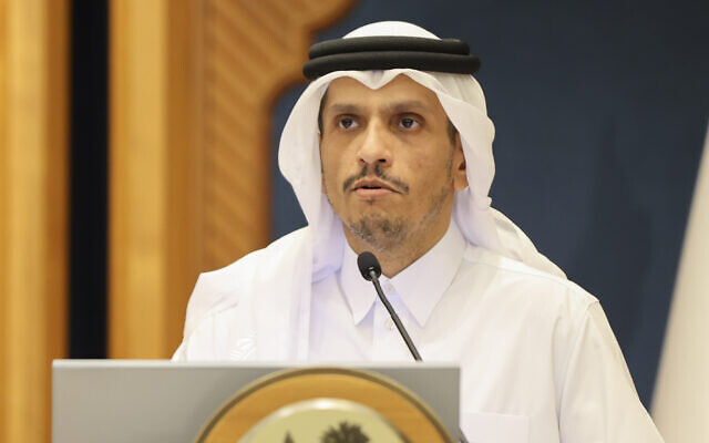 Qatar's Prime Minister and Foreign Minister Sheikh Mohammed Bin Abdulrahman al-Thani speaks at a joint press conference with the US secretary of state in Doha, Qatar, Wednesday, June 12, 2024. (Ibraheem Al Omari/Pool via AP) Qatar's Prime Minister and Foreign Minister Sheikh Mohammed Bin Abdulrahman al-Thani speaks at a joint press conference with the US secretary of state in Doha, Qatar, Wednesday, June 12, 2024. (Ibraheem Al Omari/Pool via AP)