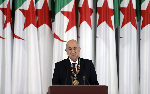 File: Algerian President Abdelmadjid Tebboune delivers a speech during an inauguration ceremony in the presidential palace, in Algiers, Algeria, on December 19, 2019. (AP Photo/Toufik Doudou)