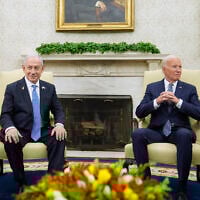 US President Joe Biden, right, meets with Prime Minister Benjamin Netanyahu, left, in the Oval Office of the White House in Washington, July 25, 2024. (AP Photo/Susan Walsh)