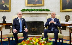 US President Joe Biden, right, meets with Prime Minister Benjamin Netanyahu, left, in the Oval Office of the White House in Washington, July 25, 2024. (AP Photo/Susan Walsh)