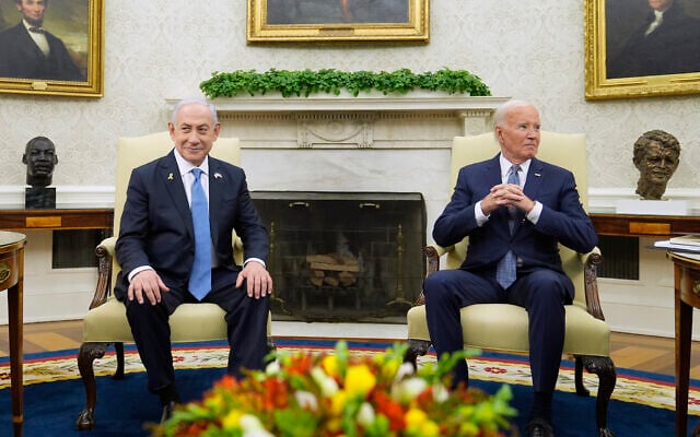 Then-US President Joe Biden, right, meets with Prime Minister Benjamin Netanyahu, left, in the Oval Office of the White House in Washington, July 25, 2024. (AP Photo/Susan Walsh) Then-US President Joe Biden, right, meets with Prime Minister Benjamin Netanyahu, left, in the Oval Office of the White House in Washington, July 25, 2024. (AP Photo/Susan Walsh)