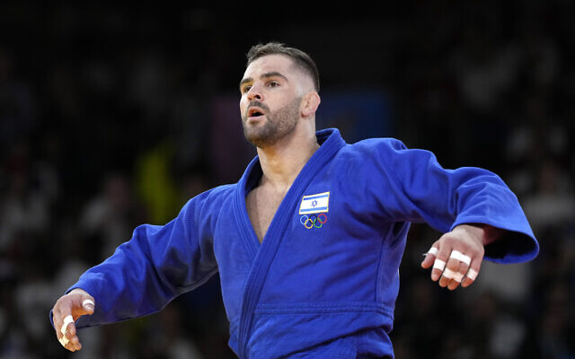 Israel's Peter Paltchik celebrates during the men's -100 kg judo competition, at Champ-de-Mars Arena during the 2024 Summer Olympics, Aug. 1, 2024, in Paris, France. (AP/Eugene Hoshiko) Israel's Peter Paltchik celebrates during the men's -100 kg judo competition, at Champ-de-Mars Arena during the 2024 Summer Olympics, Aug. 1, 2024, in Paris, France. (AP/Eugene Hoshiko)