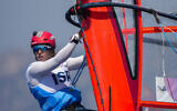 Illustrative: Israeli windsurfer Sharon Kantor warms up before a women's iQFOiL windsurfing class race during the 2024 Summer Olympics, August 3, 2024, in Marseille, France. (AP Photo/Carolyn Kaster)