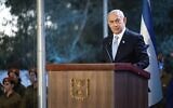 Prime Minister Benjamin Netanyahu speaks at the state memorial for Ze'ev Jabotinsky, at Mount Herzl cemetery in Jerusalem, Aug. 4, 2024. (Naama Grynbaum/Pool Photo via AP)