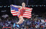 United States' wrestler Amit Elor celebrates after defeating Kyrgyzstan's Meerim Zhumanazarova during their women's freestyle 68kg wrestling final match, at Champ-de-Mars Arena, during the 2024 Summer Olympics, Aug. 6, 2024, in Paris, France. (AP Photo/Eugene Hoshiko)
