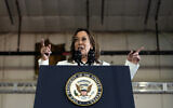 Democratic US presidential nominee Vice President Kamala Harris speaks at a campaign rally August 7, 2024, in Romulus, Michigan. (AP Photo/Julia Nikhinson)