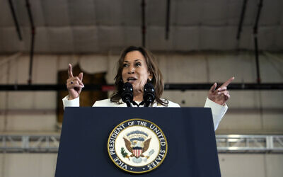 Democratic US presidential nominee Vice President Kamala Harris speaks at a campaign rally August 7, 2024, in Romulus, Michigan. (AP Photo/Julia Nikhinson)
