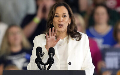 Democratic presidential nominee Vice President Kamala Harris speaks at a campaign rally Wednesday, Aug. 7, 2024, in Romulus, Mich. (AP/Carlos Osorio)