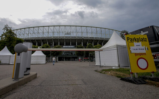 Outside view of the Ernst Happel stadium in Vienna on Thursday, Aug. 8, 2024 (AP Photo/Heinz-Peter Bader)