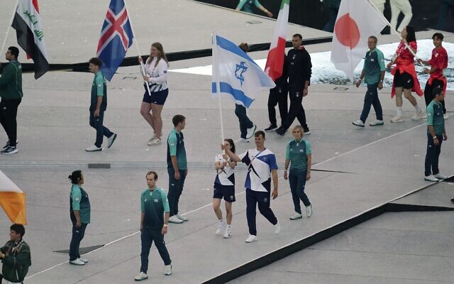 Israel's flag bearers march during the 2024 Summer Olympics closing ceremony at the Stade de France, August 11, 2024, in Saint-Denis, France. (AP/Kin Cheung)