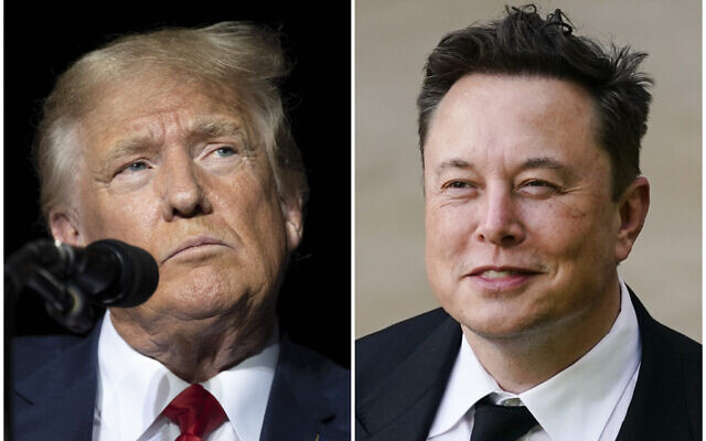 This combination of photos shows former President Donald Trump during rally in Nevada, October 2022, and Elon Musk in Wilmington, Delaware, July 2021. (AP Photo)