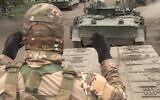 This photo taken from video released by Russian Defense Ministry press service on August 12, 2024, shows Russian military vehicle boarding a lowboy for transfer to Kursk region. (Russian Defense Press Service via AP)
