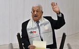 Palestinian Authority President Mahmoud Abbas addresses a speech during an extraordinary Parliamentary Meeting on Palestinians, at the Turkish Parliament in Ankara, Turkey, Aug. 15, 2024. (AP/Ali Unal)