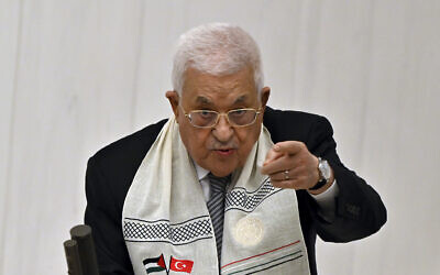 Palestinian Authority President Mahmoud Abbas delivers a speech during an extraordinary Parliamentary Meeting on Palestinians, at the Turkish Parliament in Ankara, Turkey, Aug. 15, 2024. (AP/Ali Unal)