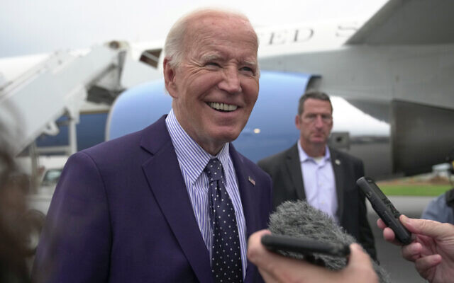 US President Joe Biden speaks to reporters after arriving at Hagerstown, Maryland, for a brief stop en route to Camp David, August 16, 2024. (AP Photo/Manuel Balce Ceneta) US President Joe Biden speaks to reporters after arriving at Hagerstown, Maryland, for a brief stop en route to Camp David, August 16, 2024. (AP Photo/Manuel Balce Ceneta)