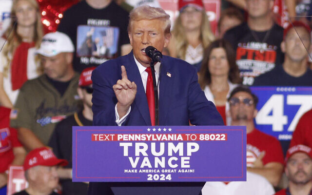 Republican presidential nominee former US president Donald Trump speaks at a campaign rally at the Mohegan Sun Arena at Casey Plaza in Wilkes-Barre, Pennsylvania, August 17, 2024. (AP Photo/Laurence Kesterson) Republican presidential nominee former US president Donald Trump speaks at a campaign rally at the Mohegan Sun Arena at Casey Plaza in Wilkes-Barre, Pennsylvania, August 17, 2024. (AP Photo/Laurence Kesterson)