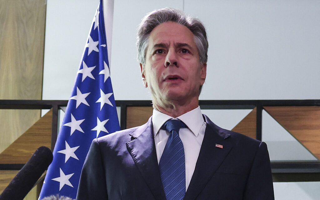 US Secretary of State Antony Blinken, speaks in Tel Aviv, Aug. 19, 2024. (Kevin Mohatt/Pool Photo via AP)