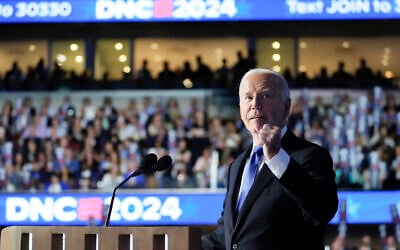US President Joe Biden delivers the keynote address at the Democratic National Convention, August 19, 2024, in Chicago. (AP Photo/Stephanie Scarbrough)