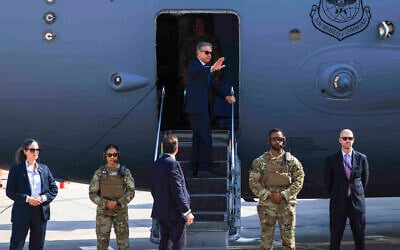 US Secretary of State Antony Blinken departs for Egypt, in Tel Aviv, Israel, August 20, 2024. (Kevin Mohatt//Pool Photo via AP)