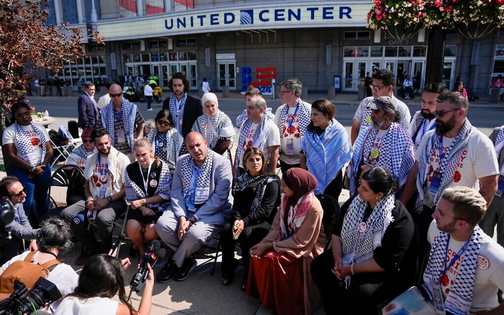 Uncommitted delegates hold a press conference outside the United Center before the Democratic National Convention Thursday, Aug. 22, 2024, in Chicago. (AP/Matt Rourke) Uncommitted delegates hold a press conference outside the United Center before the Democratic National Convention Thursday, Aug. 22, 2024, in Chicago. (AP/Matt Rourke)