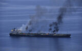 This photo released by the European Union's Operation Aspides shows fires burning aboard the oil tanker Sounion in the Red Sea on August 25, 2024. (European Union's Operation Aspides via AP)