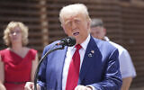 Republican nominee and former US president Donald Trump speaks during a campaign event in Sierra Vista, Arizona, near the border with Mexico, August 22, 2024. (AP Photo/Rick Scuteri)