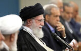 Supreme Leader Ayatollah Ali Khamenei speaks during a meeting with the President Masoud Pezeshkian's administration, in Tehran, Iran, Tuesday, August 27, 2024. (Office of the Iranian Supreme Leader via AP)