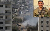 Smoke rises after an explosion during an Israeli military operation in the West Bank's Jenin refugee camp, August 31, 2024; Inset: Staff Sgt. Elkana Navon, who was killed amid the fighting in Jenin. (AP Photo/Majdi Mohammed; Courtesy)