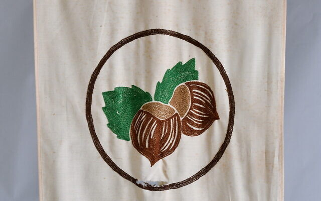 A detail from the flag of first graders featuring a nut, rescued at Kibbutz Be'eri, southern Israel, December 6, 2024. (Sarit Uziely)