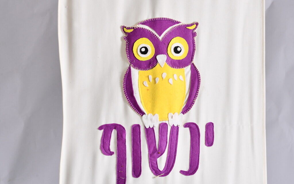 A detail from the flag of first graders featuring an owl, rescued at Kibbutz Be'eri, southern Israel, December 6, 2024. (Sarit Uziely)