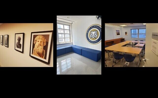The interior of Emet Classical Academy on New York's Upper East Side, where Greek and Roman philosophers, George Washington, modular tables, and western cities dominate the aesthetics. (Courtesy Emet Classical Academy via JTA)